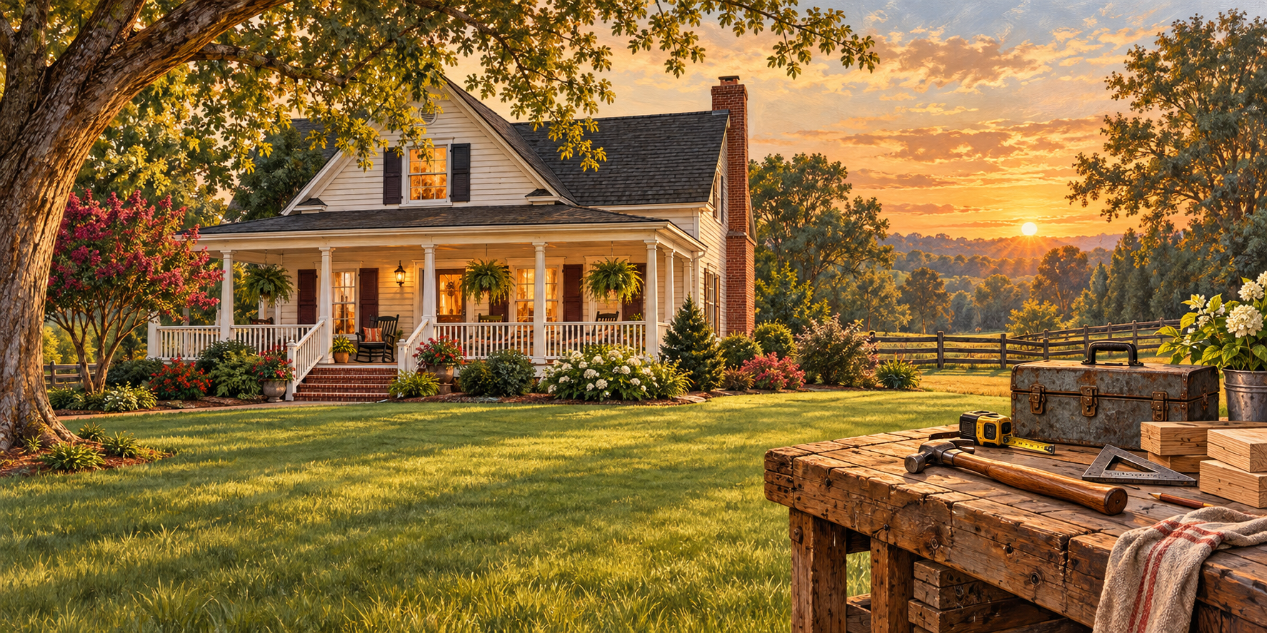 Country-style illustration of a welcoming home, cared-for lawn, and carpenter’s tools